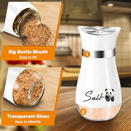 Panda Salt and Pepper Shakers - 4 oz Glass Set with Stainless Steel Lids | Eating Panda Design with Glass Bottoms and Stainless Steel Lids Adds Playful Style to Kitchens and Makes Refilling Easy. - color: Panda Eatting