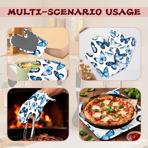 Blue Butterfly Heat-Resistant Silicone Oven Mitts and Pot Holder 4 Piece Set,Non-Slip Kitchen Oven Gloves for Baking, BBQ, Cooking,Grilling - color: Blue Butterfly