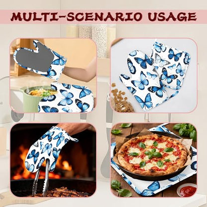 Blue Butterfly Heat-Resistant Silicone Oven Mitts and Pot Holder 4 Piece Set,Non-Slip Kitchen Oven Gloves for Baking, BBQ, Cooking,Grilling - color: Blue Butterfly