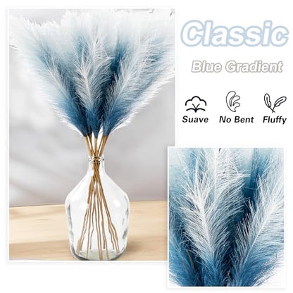 12PCS Faux Blue Gradient Pampas 38" Tall for Floor Vase | Fluffy Tall Large, Faux Pampas Grass, Fake Pompas, Artificial Pompous Grass, Floor Vase Filler - color: Navy Blue Gradient