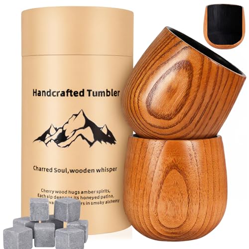 Wooden Whiskey Glass Set Of 2 Wooden Bourbon Glass Charred 10oz Bourbon Gifts For Him Man Husband Father Birthday Wood Whiskey Tumbler Handcrafted Whisky Cup (2)