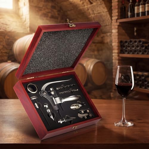 Wine Bottle Opener Set, 9-Pieces Stainless Steel Manual Corkscrew Kit with Classic Wooden Box, Wine Opener Set with Cutter, Spiral Stopper, Pourer for Home, Bar, Party, Birthday & Wedding Gift