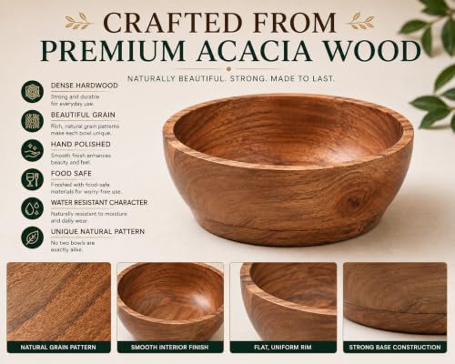 Acacia Wood Bowl Set of 2, 6-Inch Medium Serving Bowls, 400 Cubic cm Volume, 0.40 Liter Capacity, Brown - size: 2 Bowls of 6-Inch (0.40 Liters)