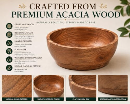 Acacia Wood Bowl Set of 2, 6-Inch Medium Serving Bowls, 400 Cubic cm Volume, 0.40 Liter Capacity, Brown - size: 2 Bowls of 6-Inch (0.40 Liters)
