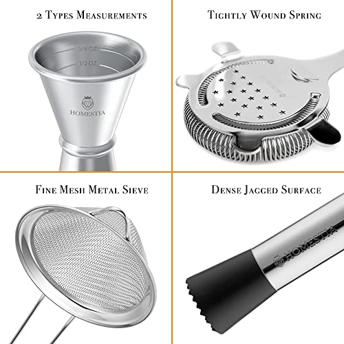 Homestia Cocktail Shaker Set Bartender Kit : 12-Pieces Bar Tool Set Barware | Stainless Steel Bar Set Accessories, 18 oz/28oz Weighted Boston Shaker Tins, Martini Shaker Mixing Tools for Home Bartending - color: Silver