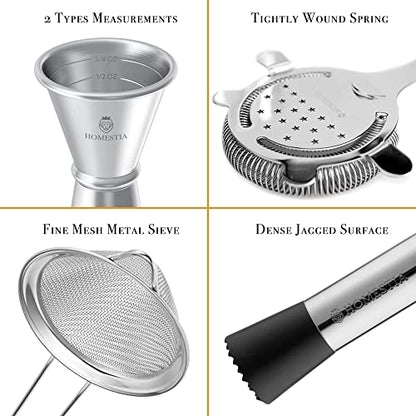 Homestia Cocktail Shaker Set Bartender Kit : 12-Pieces Bar Tool Set Barware | Stainless Steel Bar Set Accessories, 18 oz/28oz Weighted Boston Shaker Tins, Martini Shaker Mixing Tools for Home Bartending - color: Silver