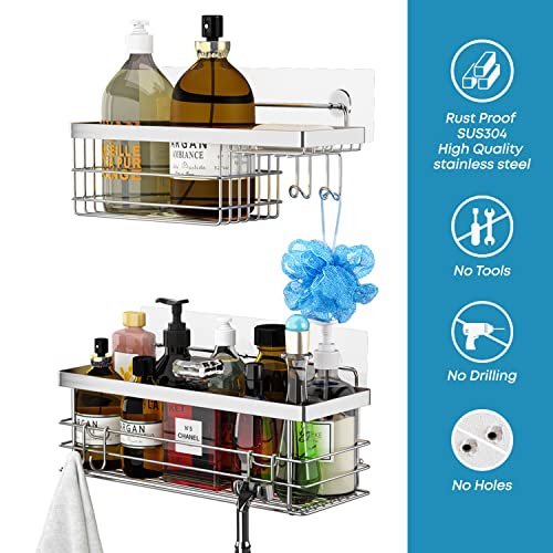 KESOL Shower Caddy and Soap Dish Holder with Hooks, Rust Resistant, 2 Pack | Shower Shelf Organizer, No Drilling Adhesive Wall Mounted Bathroom Shelf, Stainless Steel, Silver