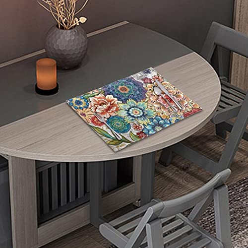 4 PCS Washable Tablemats for Home Farmhouse Beach, Easy to Clean Foldable Heat Resistant PVC Weave Rectangle Table Mats, Blooming Flower Blue - color: Blooming Flower Blue, size: Set of 4
