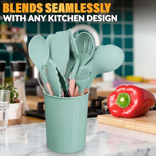 12 Pcs Kitchen Accessories Set with Holder, Silicone Heads (Light Green) | Kitchen Utensils Set for Cooking and Baking; Wooden Handles; Heat-Resistant up to 446°F; Non-Scratch for Nonstick Pans - color: Light Green