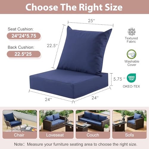 Outdoor Deep Seat Cushion Set, 24x24 Inch Water-Resistant & Fade-Resistant Outdoor Chair Cushions, Patio Furniture Cushions with Removable Cover for Patio Chair, Sofa,Navy Blue (Set of 2) - color: Navy Blue