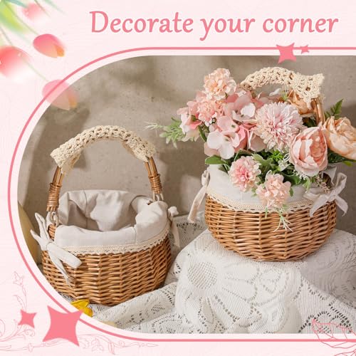 Weysat 2 Pcs Small Flower Girl Basket with Handle, Fabric Liner, Wicker Rattan Flower Basket Set, Rustic, Cute, Hand Woven for Wedding Girl Home Decorations Picnic Garden Candy Sweets Gifts Storage - style: Fabric Liner