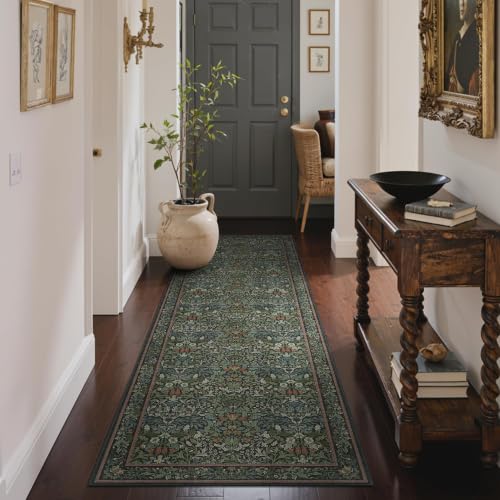 GENIMO 2x7 Washable Runner Rug for Hallway, Non Slip Mat, Dark Green | Vintage Boho Floral Low Pile Thin Mat for Entryway, Kitchen, Bedroom, Indoor Decor - color: Dark Green, size: 2' x 7' (Rectangular)