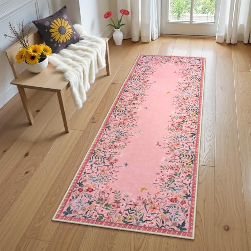 Wonnitar 2x6 Washable Runner Rug, Pink Floral Hallway Runner, Boho Kitchen Runner Rug, Non Slip Soft Bathroom Rug, Low Pile Bedroom Bedside Laundry Decor (2x6 Pink) - color: Pink, size: 2' x 6' (Rectangular)