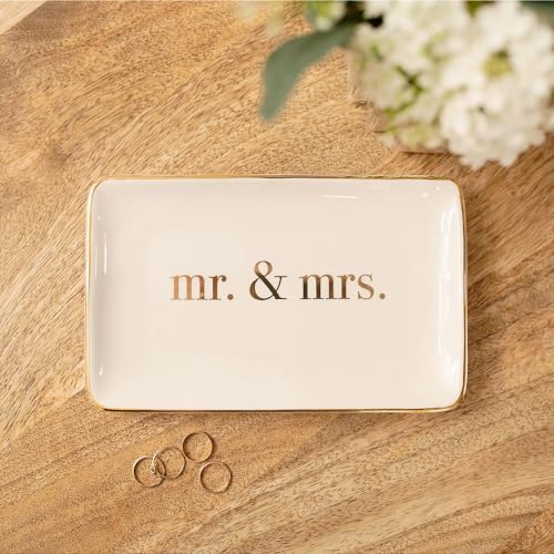 Gold Mr. & Mrs. Ceramic Trinket Tray - 10" x 7" Hand Painted Jewelry Organizer, Ideal for Wedding Gifts or Everyday Use, Modern Design for Contemporary Couples - style: Gold Mr. & Mrs.