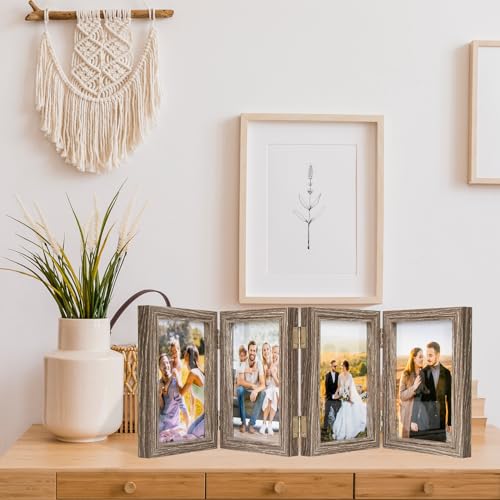 POILKMNI 4x6 In Four Picture Frame 4 Hinged Photo Frame with 4 Openings | Natural Wood Foldable Photo Frame High Definition Acrylic for Mothers Day Father's Day Christmas Gift, Family Picture, Gray - color: Gray, size: 4x6