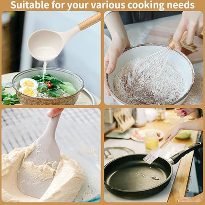 Silicone Cooking Utensils Set, 12Pcs Large Heat Resistant Kitchen Utensils, Turner Tongs, Spatula, Spoon, Wooden Handle Kitchen Gadgets with Holder for Nonstick Cookware, Dishwasher Safe (White) - color: White