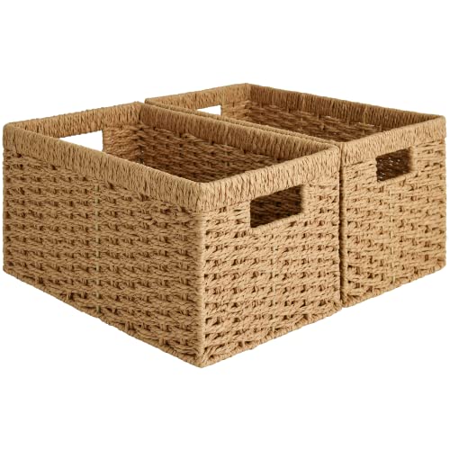 StorageWorks Wicker Storage Baskets for Shelves, Paper Rope Basket, 2-Pack | Rectangular Wicker Storage Baskets, Wicker Basket with Handles, Pantry Organizer and Storage, Woven Baskets,13"L x 8¼"W x 7"H - color: Light Brown (Paper Rope), size: 2x 13"L x 8