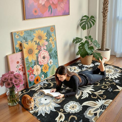 Lahome Floral Washable Living Room Area Rug - 3x5 Non-Slip Low-Pile Rugs for Entryway, Throw Small Stain Resistant Kitchen Rugs Soft Black Paisley Print Carpet for Office Bedroom Laundry Room Office | Low-Pile Small Stain Resistant Kitchen Rug, Soft Black