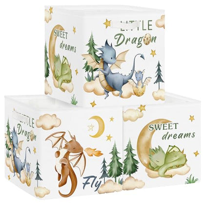Clastyle 11.8" Dinosaur Storage Basket Set of 3 for Kid Boy Toy Clothes Bin | Collapsible Fabric Book Bin, Metal Frame Bottom Board, Cube Organizer, Closet Nursery Pantry Shelf Bedroom, Boho Dragon - color: Dragon