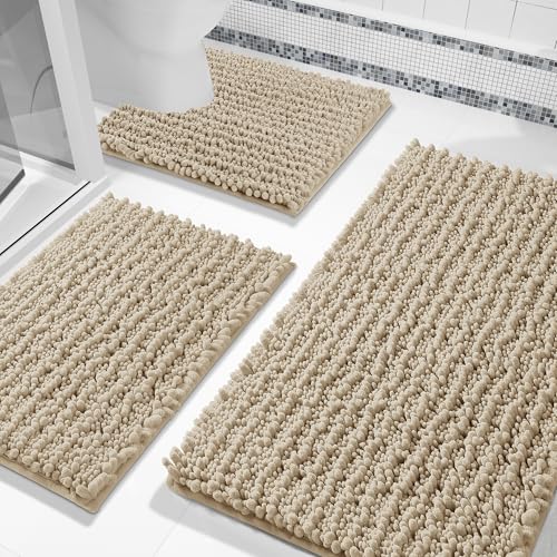Yimobra Bathroom Rug Set 3 Piece - Super Absorbent Quick Dry Chenille Bath Mats & Toilet Rug, Non Slip Machine Washable, Extra Thick Shaggy Floor Mat for Shower Tub Sink, Camel - color: Camel, size: 24"x20" + 30"x20"+ 44"x24"