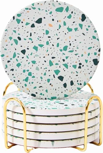 Terrazzo Coasters Set of 6, Colorful Boho Absorbent Ceramic Coasters | Speckled terrazzo drink coasters for coffee table & desk; moisture-absorbing stone, boho home decor, housewarming gift - color: Sageterrazzo