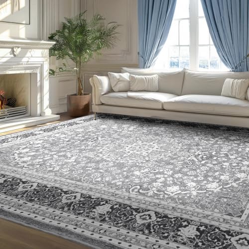 Large Area Rugs 9x12 Living Room, Washable Bedroom Rug, Grey White | Boho Low Pile Rug for Dining Room, Floral Medallion Vintage Carpets with Non-Slip Backing, Kids Pet Friendly, Fit All Vacuums - color: Grey White, size: 9' x 12' (Rectangular)