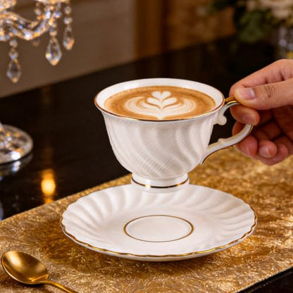 KAMMAK Tea Cups and Saucers Set of 2, Fine Bone China Coffee Cups, GH023 | Stackable Espresso Mugs, Ceramic Demitasse for Coffee, Cappuccino, Latte, Americano, Tea - size: 8KPGH023+24