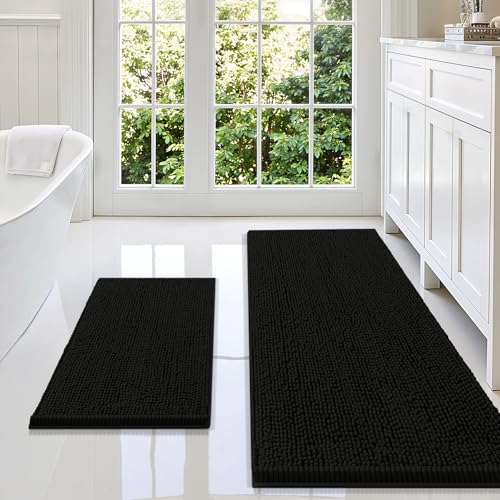 Smiry Chenille Bathroom Rugs Sets 2 Piece (59x20+24x16, Black) | Soft Absorbent Machine Washable Non Slip Shaggy Bath Rug Set for Tub, Shower, and Floor, Home Decor - color: Black, size: 59"X20"+24"X16"