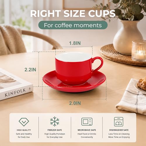3 Ounce Espresso Cups Set of 4, Red | Stackable Demitasse Mugs, Includes Display Stand, Cups Saucers, and Spoons, for Machines & Home Use - color: Red