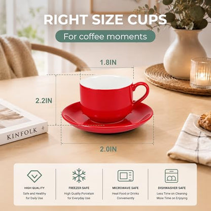 3 Ounce Espresso Cups Set of 4, Red | Stackable Demitasse Mugs, Includes Display Stand, Cups Saucers, and Spoons, for Machines & Home Use - color: Red