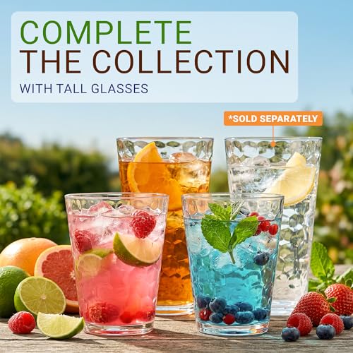 Bravario Hammered Plastic Drinking Glasses - Short Clear Plastic Cups Reusable Set of 6, Thick 16oz Dishwasher Safe Durable Stackable Water Tumblers, BPA-Free - size: Short - Set of 6