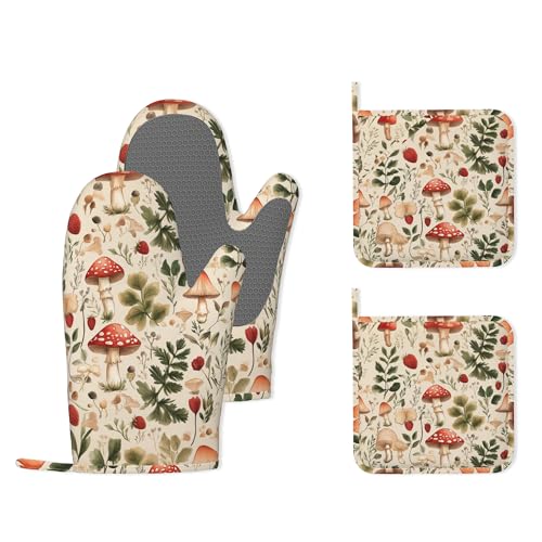 Red Mushroom Forest Strawberry Silicone Oven Mitts and Pot Holders,Heat-Resistant 4 Piece Kitchen Set Non-Slip Oven Gloves and Hot Pads for Cooking, Baking, Grilling,BBQ - color: Red Mushroom Forest Strawberry