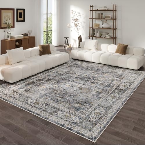 Rugcomf 9x12 Rug Washable Boho Soft Large Area Rug Non-Slip Faux Wool Vintage Rug for Living Room, Farmhouse, Dining Room, Indoor, Kids Playroom (Grey) - color: Grey, size: 9' x 12' (Rectangular)