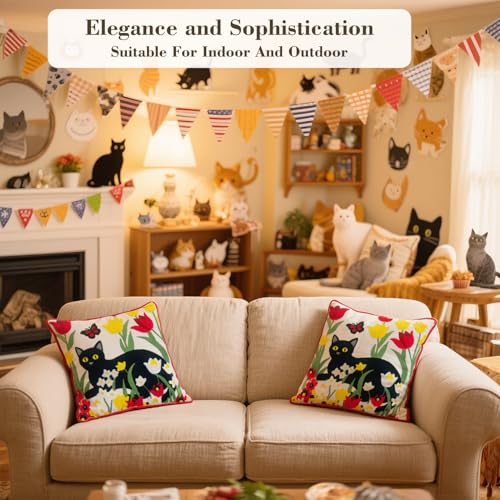 Embroidered Decorative Throw Pillow Covers 18"x 18" Set of 2 ，Couch Square Pillowcases with Zipper for Living Room Couch Sofa Bed Flower Cats Linen Cotton Halloween Throw Pillow Covers
