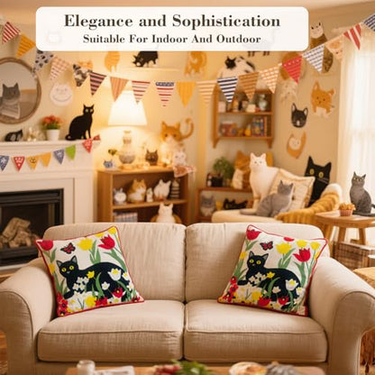 Embroidered Decorative Throw Pillow Covers 18"x 18" Set of 2 ，Couch Square Pillowcases with Zipper for Living Room Couch Sofa Bed Flower Cats Linen Cotton Halloween Throw Pillow Covers