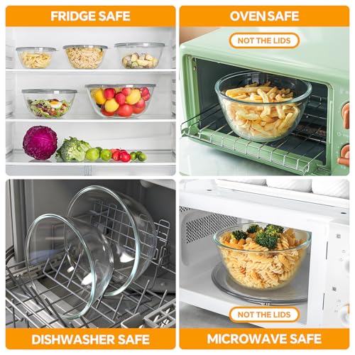 Glass Mixing Bowls with Lids Set of 5(4.78QT,2.2QT,1.7QT,1.1QT,0.85QT),Thick Glass Nesting Bowls for Kitchen Baking,Cooking Prep,Storage,Serving,Large Salad Bowls,Dishwasher Microwave Freezer Safe