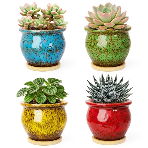 ARTKETTY Succulent Pots, 4.5'' Small Plant Pots with Drainage Tray | Glazed Flower Pots Set of 4, Ceramic Pots for Indoor Plants, Home Office Desk Decor - color: 4.5'' Colorful 2