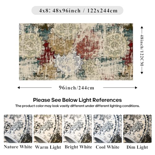 Modern Abstract 4x8 Runner Rug: Washable Low Pile Soft Area Rugs Entryway | Non-Slip Stain Resistant Mandala Stamped Ease of Vacuuming Floor Mat Bedroom Kitchen Coverage Farmhouse Apartment Red Green - color: Red/Green/Multi, size: 4' x 8' (Rectangular)