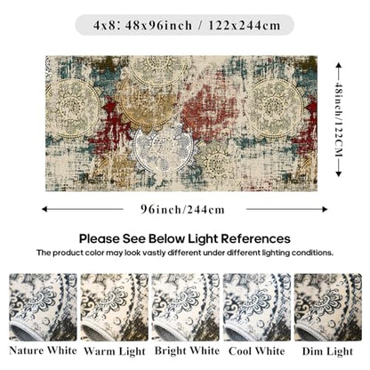 Modern Abstract 4x8 Runner Rug: Washable Low Pile Soft Area Rugs Entryway | Non-Slip Stain Resistant Mandala Stamped Ease of Vacuuming Floor Mat Bedroom Kitchen Coverage Farmhouse Apartment Red Green - color: Red/Green/Multi, size: 4' x 8' (Rectangular)