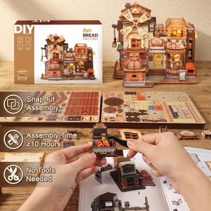 Fsolis 3D Wooden Puzzles for Adults - Mechanical Bread Factory Building Kit | Rotating Miniature House Kit with Music & Lights & Steam Effect, 572pcs, Gifts for Experienced Builders Model Project Lovers - style: Bread Factory