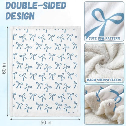 Tegeme Blue Bow Throw Blanket Sherpa Fleece Preppy Coquette Flannel Bow Blanket for Teen Girls Room Back to School Gift White Plush 50" x 60" Aesthetic Soft Bedding for College Dorm Bed Sofa Couch - color: Blue