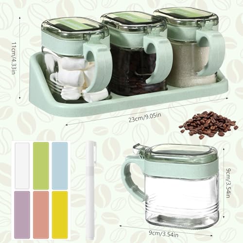 3 Pcs Sugar Coffee Container Set 16 oz Glass Condiment Jar Spice Container Coffee Station Organizer Set with Label Stickers Scoop for Bean and Sugar Candy, Oats, Nuts(Green) - color: green