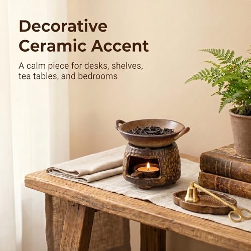 Ceramic Wax Melt Warmer and Essential Oil Diffuser, Handmade Tea Light Candle Holder Incense Pot, Minimalist Japanese Decor Teapot Heater for Home Aromatherapy Meditation Room, Stress Relief Spa