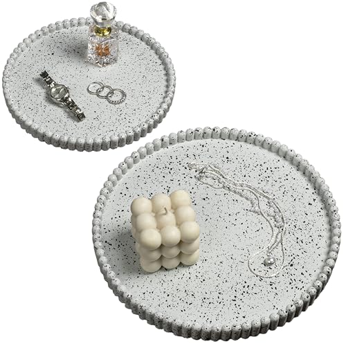 happimess Opulence Concrete Jewelry Trays 10.2", Speckled White, Set of 2 | Modern Minimalist Fluted Decorative Storage Display, Round Beaded Edges for Added Texture - color: Speckled White