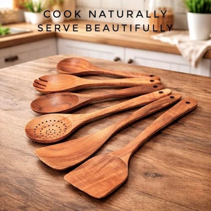 6-Piece Wooden Utensil Set – Premium Teak Wood Cooking Spoons & Spatulas, Non-Stick, Heat-Resistant, Durable & Eco-Friendly Kitchen Tools for Cooking & Serving