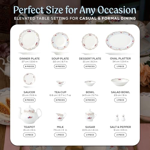 Joseph Sedgh Collection Romantic Bloom Bone China Dinnerware Set, 57-Piece | Service for 8, Premium Ash Bone China, Dishwasher Safe - size: 57 Piece Set
