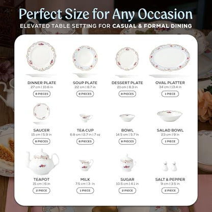 Joseph Sedgh Collection Romantic Bloom Bone China Dinnerware Set, 57-Piece | Service for 8, Premium Ash Bone China, Dishwasher Safe - size: 57 Piece Set