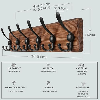 Coat Rack Wall Mounted - 24" Long 6 Tri Hooks, Heavy Duty Wooden Wall Coat Hanger Coat Hook for Clothes Hat Jacket Clothing, Natural and Black - color: Natural & Black, size: L=24"