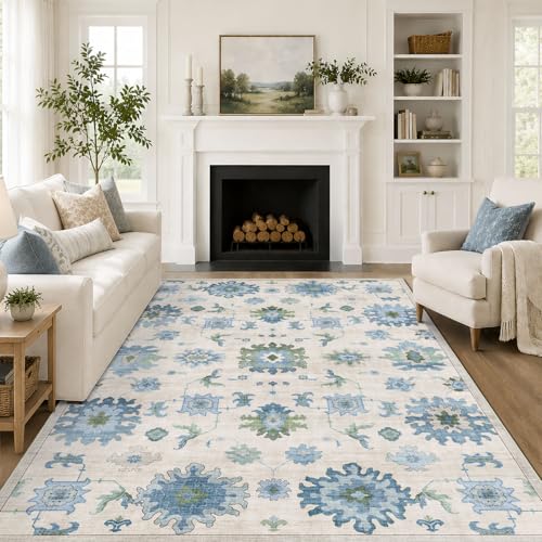 BLISSA Washable 5x7 Area Rug Soft Blue Sage Green Oushak Print Bedroom Rug | Non-Slip Ultra-Thin Oriental Distressed Boho Vintage Carpet for Living Room Dining Room Nursery Playroom Home Office - color: Blue / Sage Green, size: 5' x 7' (Rectangular)