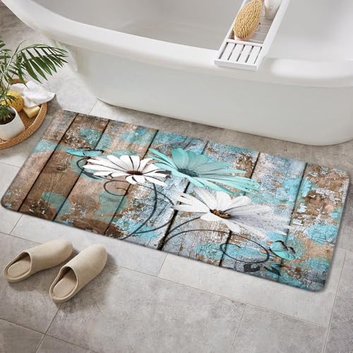 Farmhouse Floral Flower Bath Mat, Teal Daisy Rustic Wooden Plank Country Barn Wood Turquoise Blue Non-Slip Flannel Soft Doormat Floor Entryways Outdoor Indoor Front Door Mat, 16x48 - color: Teal-01, size: 1'4" x 4' (Rectangular)